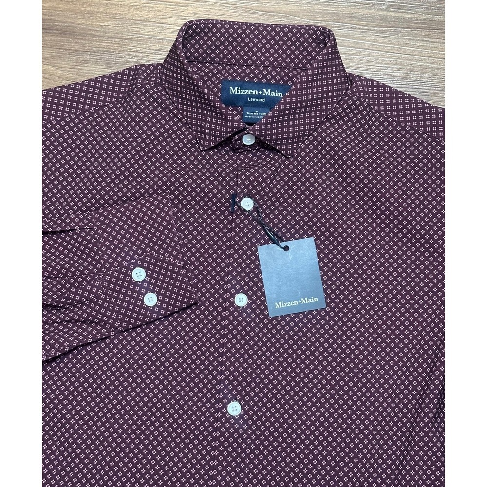Mizzen + Main Leeward No Tuck LS Dress Shirt Wine Clover Red Men's Sz S Trim